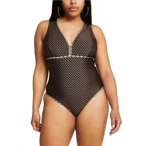 River Island Women Brown Monogram Beachwear One-Piece Swimsuit Plus Size US 18